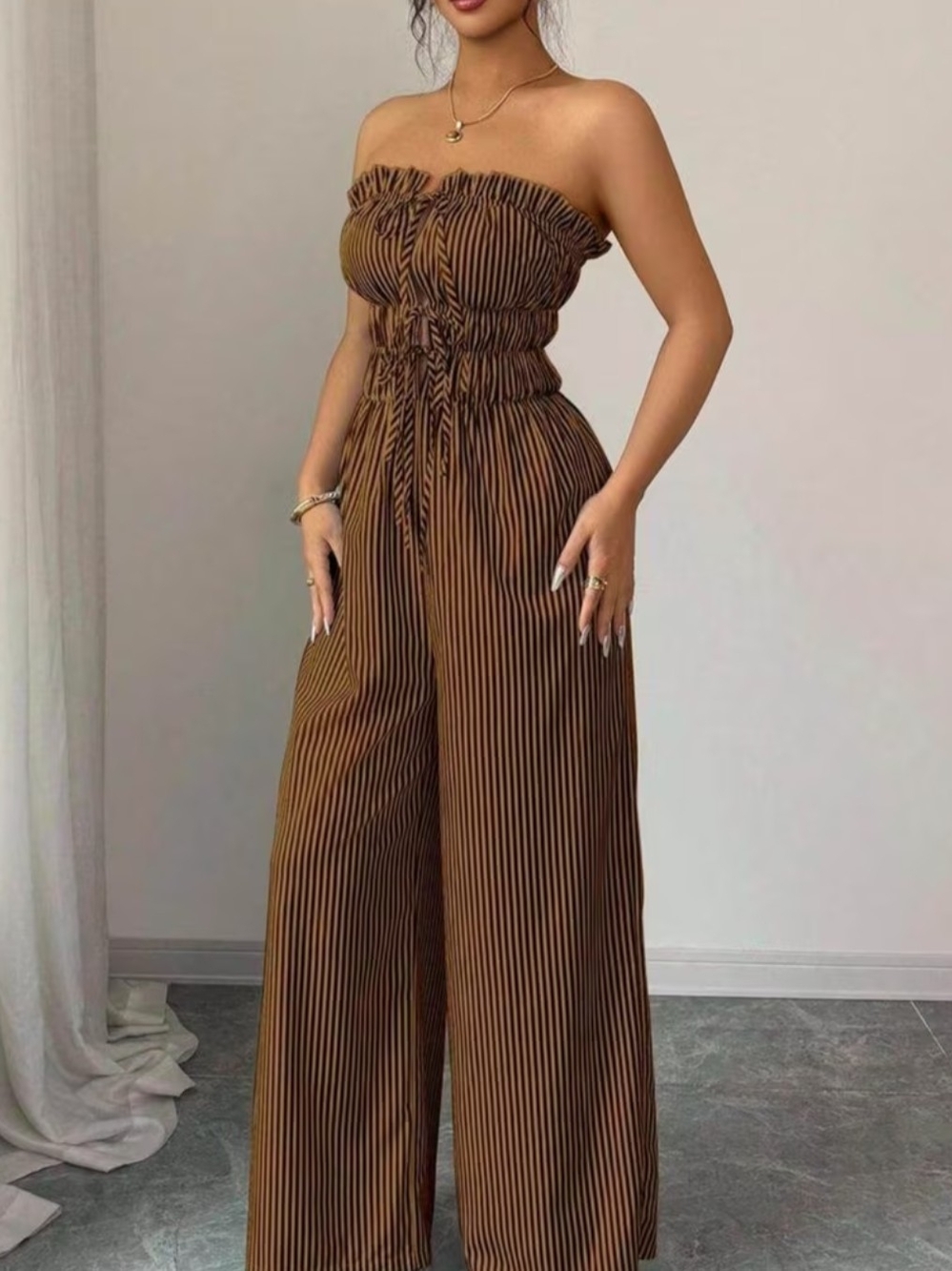 Strapless Brown Striped Wide-Leg Jumpsuit